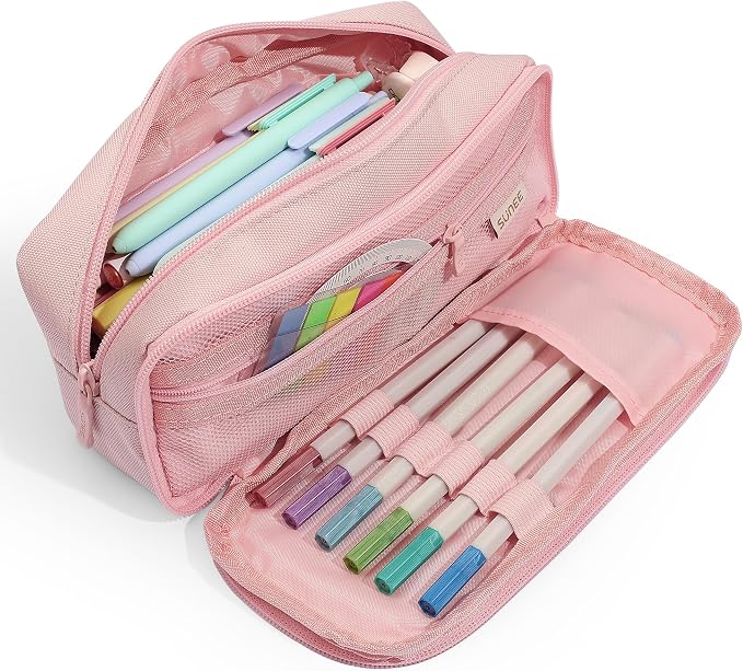 SUNEE Pencil Case, Large Capacity Pencil Pouch, Aesthetic Big Pen Bag 900D Oxford Pen Box for Office Stationery Organizer School Supplies Multifunctional for Teen Boys Girls Women Men, Pink