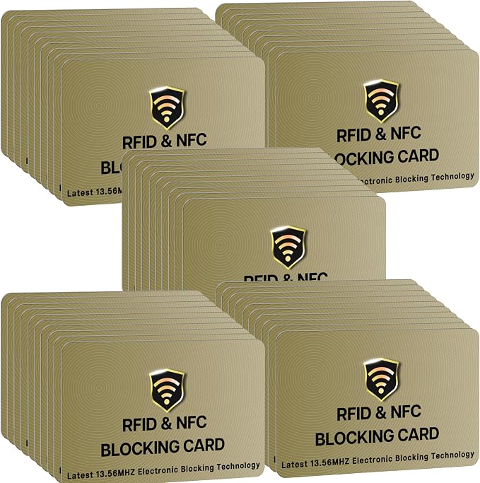 SaiTech IT 50 Pack RFID Blocking Card for Credit Debit ID Card, Golden | Slim Anti-Theft Contactless NFC RFID Blocker Protector, Easily Fit into Wallet and Purse, for Men & Women