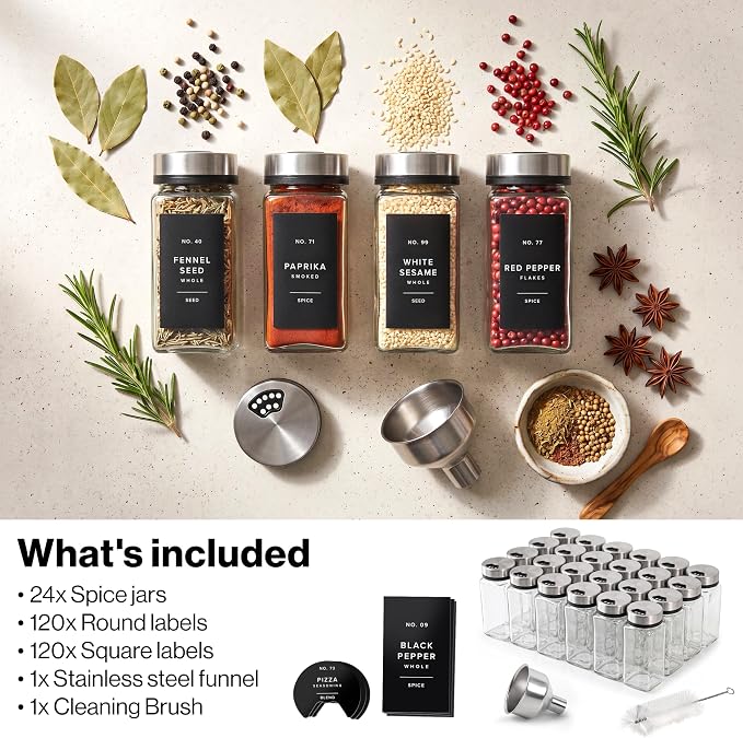 EDELHAUS Glass Spice Jars with Label and Silver Sprinkle Lids (24 x 4oz) | Airtight Lids keep spices fresh, Kitchen Spice Drawer Organizer, 4oz Seasoning Containers incl. Funnel, Brush & 240 Labels