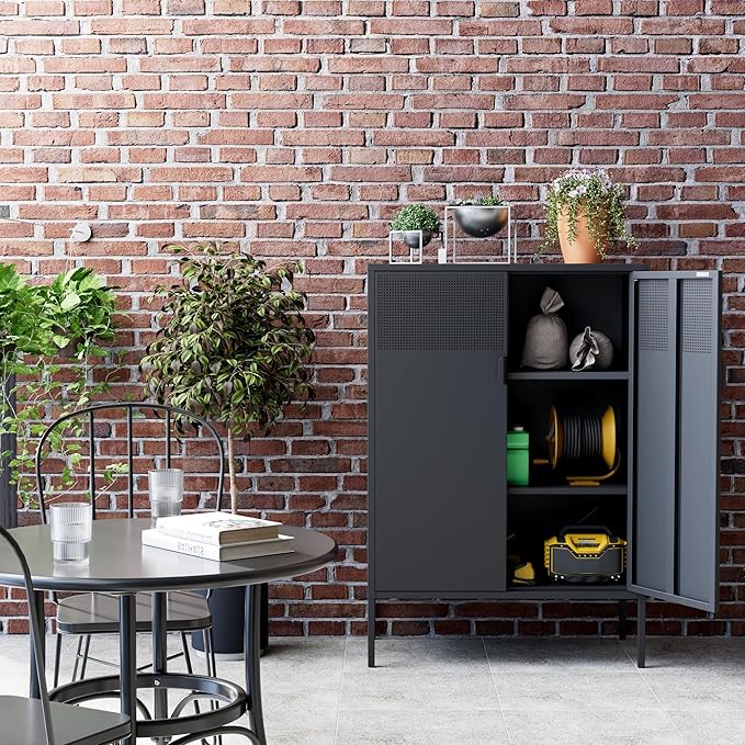 Ustamio Black Metal Storage Cabinet, Metal Locker Storage Cabinet with Doors and Shelves, 3 Tier Steel Office Storage Cabinet, Metal Sideboard for Home, Office, Kitchen and Coffee Bar