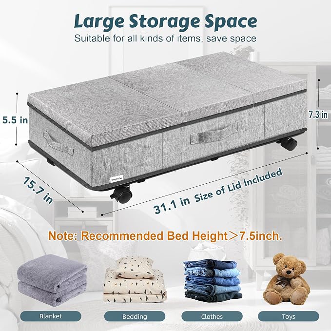 Supowin Under Bed Storage with Wheels, Rolling Underbed Storage Containers with Lids, Under Bed Shoe Storage Bins Organizer with Reinforced Metal Bottom Support and Three Handles