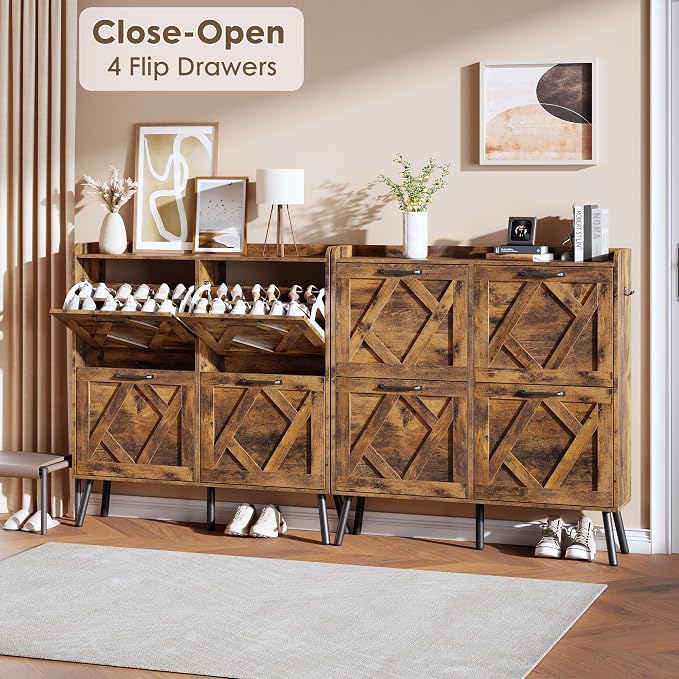 Nicetree Shoe Cabinet Storage for Entryway, Freestanding Shoe Storage Cabinet, Farmhouse Narrow Shoe Rack Cabinet for Entryway, Foyer, Hallway, Shoe Cabinet 4 Flip Drawers