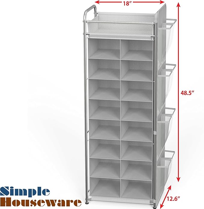 Simple Houseware 16 Cube Shoe Stand Tower Rack 8 Tier, Gray | Top Shelf and Side Hanging Pockets
