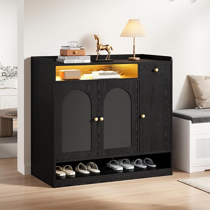 LIKIMIO Rattan Shoe Storage Cabinet, 30 Pairs 6-Tier Shoe Cabinet Storage for Entryway with LED Light, Drawer & Doors, Adjustable Shelves, Shoe Rack Organizer for Hallway, Living Room, Black
