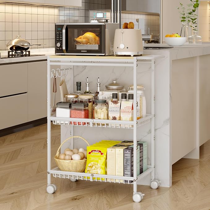 Microwave Kitchen Cart, White Kitchen Shelf with Push Handle, 3 Tier Rolling Microwave Table Stand with 2 Lockable Wheels for Bakers Rack, Kitchen Island, Small Coffee Station