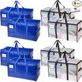 RUGGED RHINO 8 Pack Heavy Duty Extra Large Moving Bags, Durable Bag Strong Handles and Zipper, Moving Boxes Alternative for College Packing, Holiday Décor, Space Saving Storage with Label, Blue/Clear
