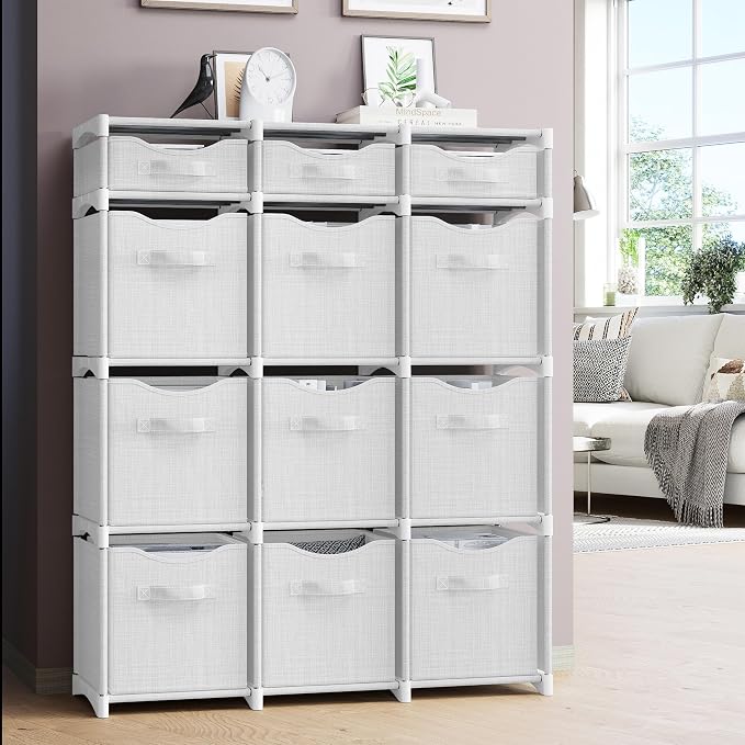 Cube Storage Organizer with 12 Storage Bins Included – Storage Cubes for Home Organization, Toy Storage, Office Storage, Living Room Storage, and General Storage Solution (White-Grey)