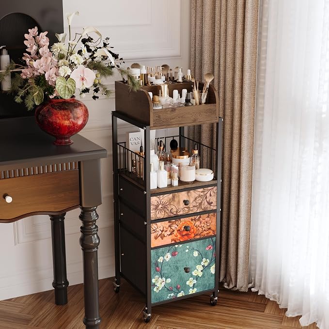 Makeup Organizer Cart with Drawers, Make up Organizers for Vanity, Floor Skincare Organizers- for Cosmetics, Nail Polish, Art Supply, Bathroom Vanity Desktop Organizer (Flower)