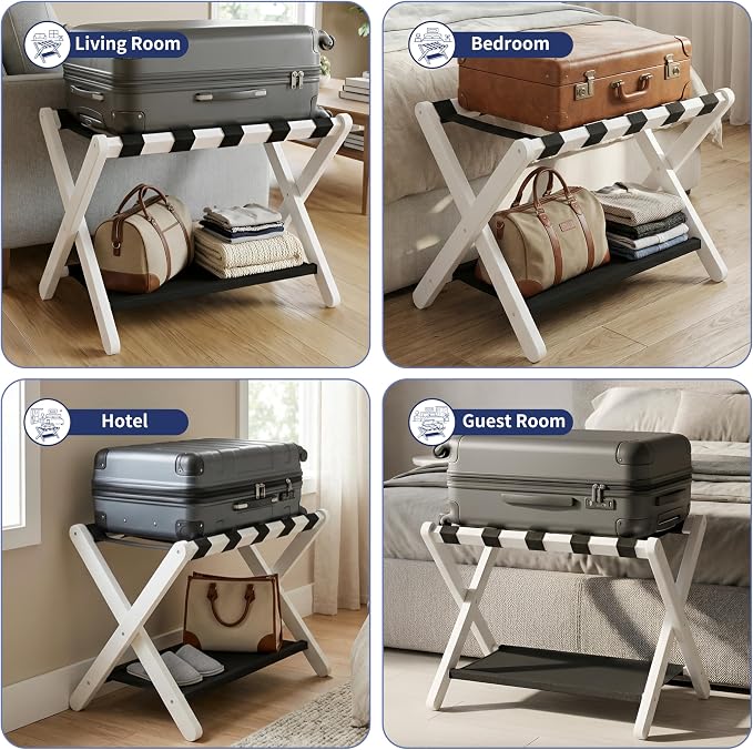 Heybly Luggage Rack for Guest Room, Folding Luggage Stand & Suitcase Holder, Suitcase Stand, Heavy Duty Wooden Luggage Rack with Double Shelf for Hotel & Bedroom, 5 Heavy Duty Straps, White HLR012W1