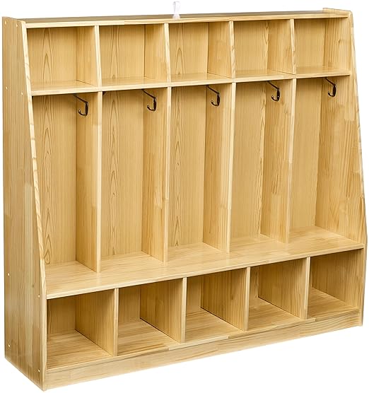 Amazon Basics Coat Locker, 5-Section with Bench, Daycare Classroom Furniture, Backpack Storage, 13"D x 54"W x 48"H, Natural Finish, Solid Pine Wood, Mudroom Furniture with Hooks for Home