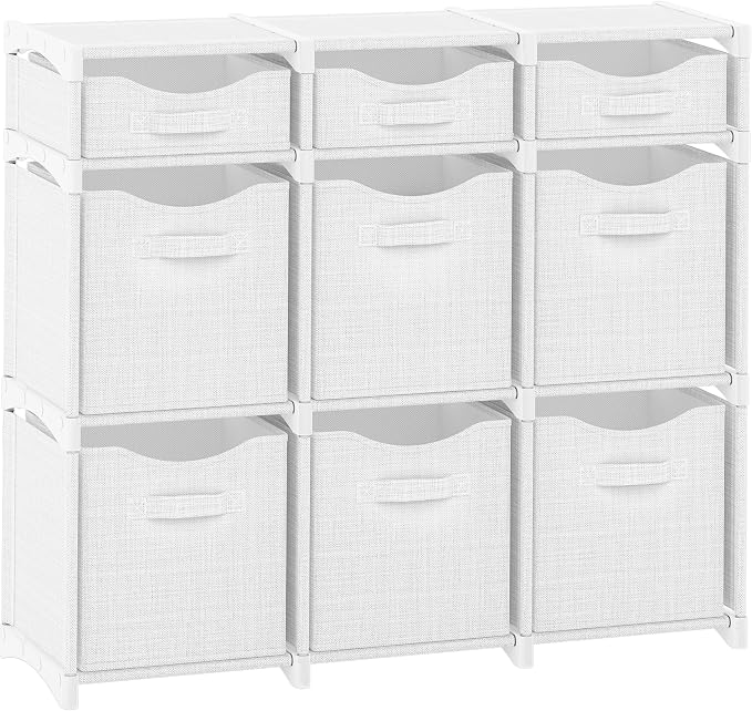 Cube Storage Organizer with 9 Storage Bins Included – Storage Cubes for Home Organization, Toy Storage, Office Storage, Living Room Storage, and General Storage Solution (White-Grey)
