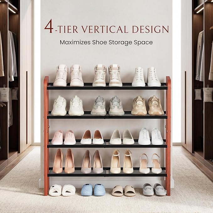 Wooden 4-Tier Shoe Rack, Free Standing Shoe Storage Organizer with Wood Legs and Metal Mesh Shelves, Shoe Shelf for Entryway, Closet, Hallway