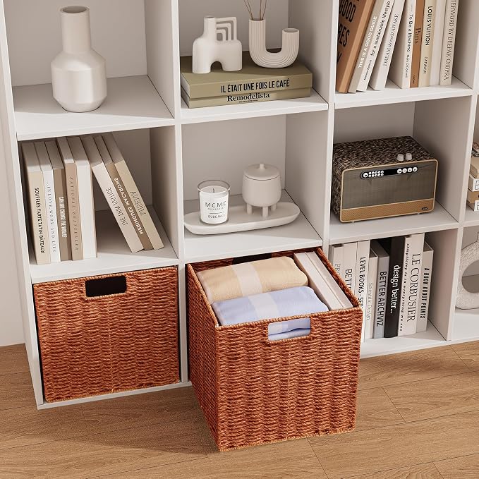 Vagusicc Wicker Storage Basket, Set of 2 Hand-Woven Paper Rope Wicker Basket, Foldable Cube Storage Bins, Square Large Storage Baskets for Organizing Shelves & Decor, Orange (13″×13″×13″)