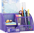 EasyPAG Mesh Desk Organizer with Drawer Multi-functional Pen Holder Stationery Organizer for Office School Supplies 6 Compartments Dorm Organizers and Storage for Desk, Purple