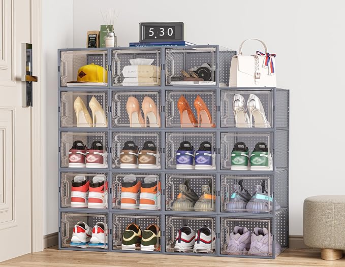 HOMIDEC Shoe Storage, 12 Pack Shoe Organizer for Closet, Shoe Boxes Clear Plastic Stackable Shoe Containers with Lids for Size 13