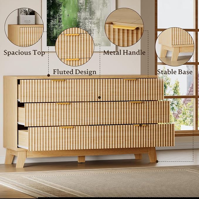 BORNOON Fluted 6 Drawer Dresser, 47.2" Wide Modern Boho Chest of Drawers, Wooden Storage Dresser TV Stand for Bedroom, Living Room, Closet, Hallway, Curved Profile Design