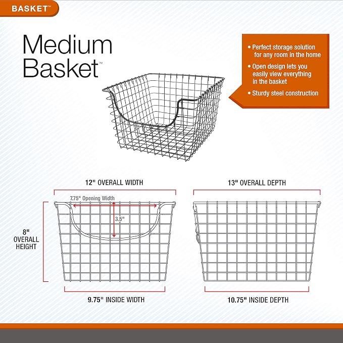 Spectrum Wire Scoop Basket Storage Bin Industrial Gray Nesting Metal Baskets Pack of 2 for Kitchen Pantry Closet Bathroom Garage Organization, Heavy Duty Wire Basket Organizer for Storage Decor