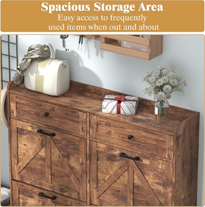 Thacuok Shoe Cabinet with 4 Flip Drawers & 2 Storage Drawers, Rustic Farmhouse Narrow Shoe Organizer Cabinet, Slim Shoe Rack Cabinet, Shoe Storage Cabinet for Entryway, Hallway, Front Door