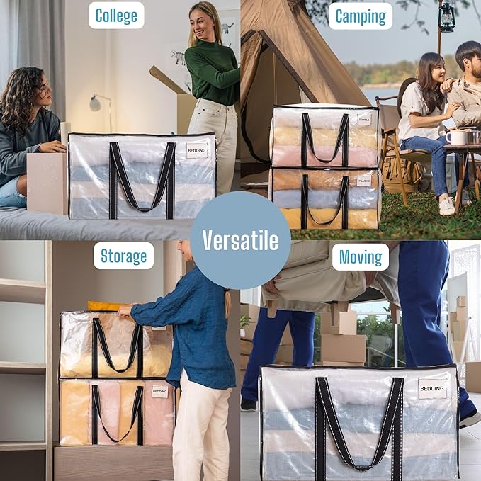 VENO 2 Pack Clear Moving Bags, 90L Extra Large Transparent Storage Totes, Heavy Duty 50lbs Load, Reinforced Handles, Zippers & Tag, See-Through Packing Boxes for Organizing Closet, Bedding, Clothes