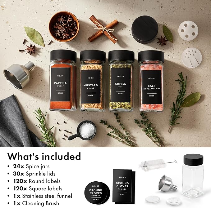 EDELHAUS Glass Spice Jars with Label, 24x Black Bamboo Wooden Lids | Airtight Lids keep spices fresh, Kitchen Spice Drawer Organizer, 4oz Seasoning Containers incl. Funnel, Brush & 240 Labels