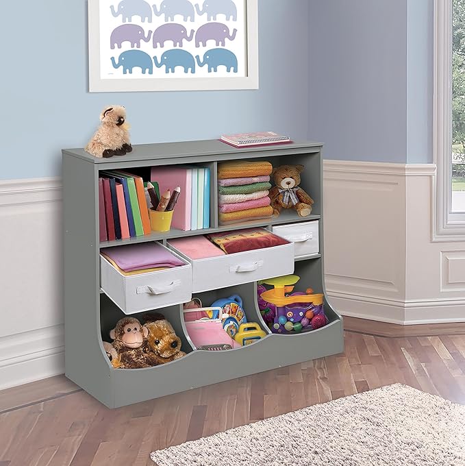 Badger Basket Combo Toy Storage Organizer and Bookshelf - Kids Storage Unit with 3 Removable Baskets, Open Shelves, Top Display Surface - Gray
