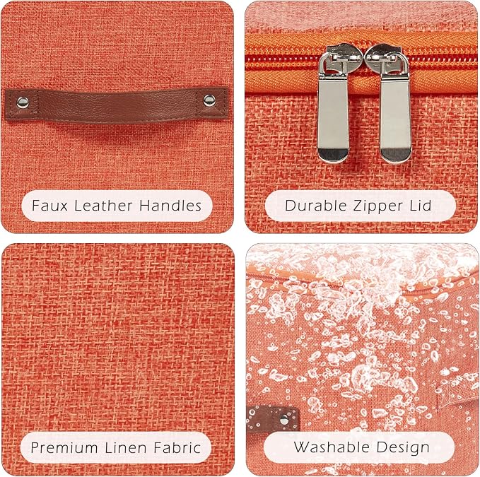 Storage Bins with Zipper Lid Cotton Linen Fabric Lidded Storage Baskets Boxes Foldable Washable Closet Shelf Clothes Organizer Container with PU Leather Handles (Orange, Large)