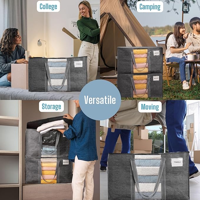 VENO 10 Pack Moving Bags with Clear Window, Heavy Duty Storage Bins with Lid, Around Handles, Tag, Zippers, Extra Large Totes Packing Moving Boxes Supplies for College Dorm Clothes (Dark Gray)