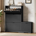 Xixini Shoe Storage Cabinet for Entryway with 3 Flip Drawers & Bench, Slim Wood Shoe Organizer with Modern Fluted Panel, Freestanding Narrow Shoe Rack for Front Door Entrance, Hallway, Foyer, Black