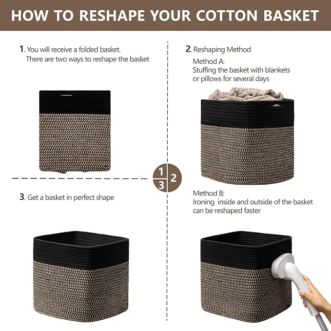 joybest 13inch Cube Storage Bins, Cotton Rope Woven Organizer Basket | Set of 4 Cube Bin Square Shelves Organizer Closet Storage, Nursery, Toy Organization, Black&Dark Brown
