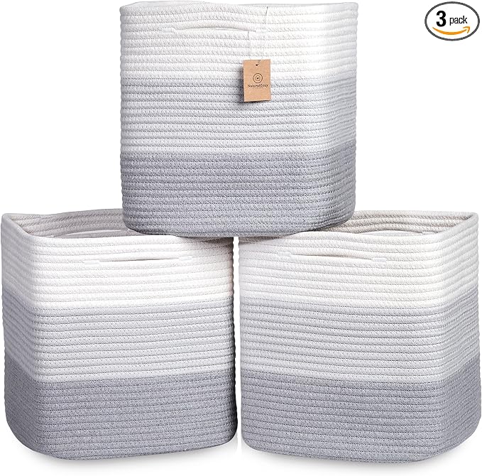 NaturalCozy 13 Inch Cube Storage Bins Cotton Rope Woven Baskets for Organizing 3-Pack | 13 x 13 Storage Cubes | Fabric Square Storage Baskets for Shelves Organizer, Kids Toy Bins, Closet Baby Nursery