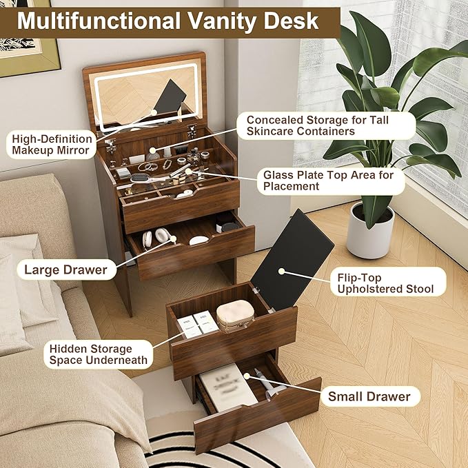 3 in 1 Vanity Desk with Mirror and Lights,23.6" Walnut Small Make Up Vanity Set with Visible Glass Desktop,Compact Makeup Vanity with 3 Drawers & Stool, Flip Top Makeup Dressing Table for Bedroom