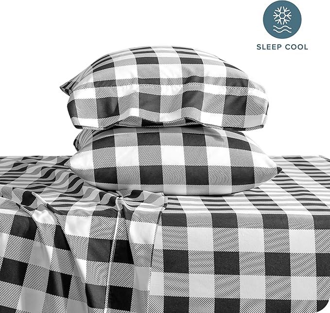 Bare Home Queen Sheet Set - Luxury 1800 Ultra-Soft Microfiber Double Brushed - Deep Pockets - Easy Fit - 4 Piece Set & Pillowcases (Queen, Buffalo Plaid - White/Black)
