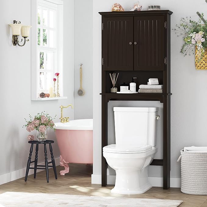 UTEX Above Toilet Storage Cabinet, Bathroom Organizer with Doors, Espresso | FSC-Certified MDF, Bathroom Space Saver with Adjustable Shelves, Beadboard Doors, Anti-Tip Bracket, Adjustable Bottom Rail