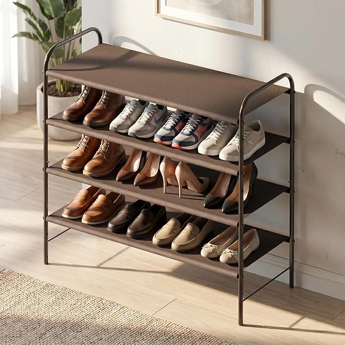 Simple Houseware 4-Tier Shoe Rack Storage Organizer, 12-20 Pair, Bronze | Space-Saving Shoe Shelf with Sturdy Metal Frame and Non-Woven Fabric Shelves for Entryway, Garage & Corridor