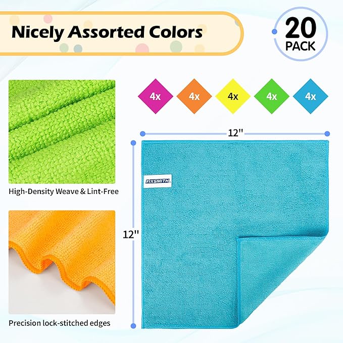 FIXSMITH Microfiber Cleaning Cloth - Pack of 8, Size: 12 x 16 in&FIXSMITH Microfiber Cleaning Cloth, 20 Pack Cleaning Rags, Cleaning Towels for Housekeeping