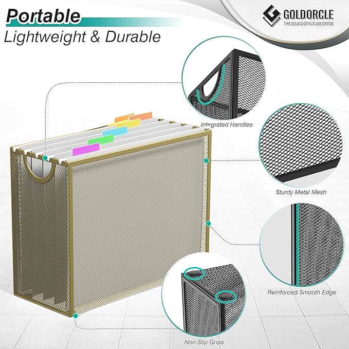 Hanging File Organizer, Letter-Size File Holder Filing Box with 5 Hanging Folders, Metal Mesh Desk File Folder Storage(No Assembly Required) (Gold)