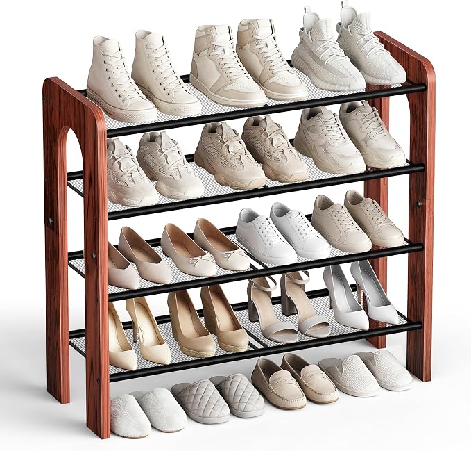 Wooden 4-Tier Shoe Rack, Free Standing Shoe Storage Organizer with Wood Legs and Metal Mesh Shelves, Shoe Shelf for Entryway, Closet, Hallway