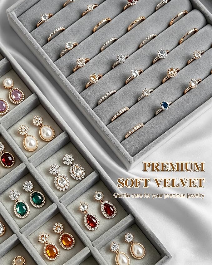 Velvet Jewelry Drawer Organizer Tray Set, 4-Layer Stackable Storage with Removable Dividers for Earrings Rings Necklaces Bracelets (Grey, 4 Layers)