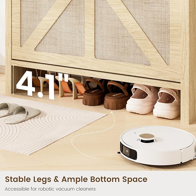 Rattan Shoe Storage Cabinet - Hidden Entryway Shoe Storage with Adjustable Shelf, Slim Shoe Organizer Cabinet with 2 Flip Drawers & 1 Drawer, Modern Shoe Cabinet Storage for Hallway Entrance