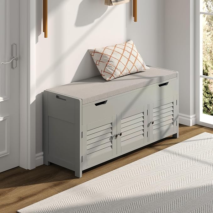 ChooChoo Shoe Storage Bench with Lift Top Storage & Cushioned Seats | 41.3" Entryway Bench with 3 Compartments & Adjustable Shelf, for Entryway, Grey