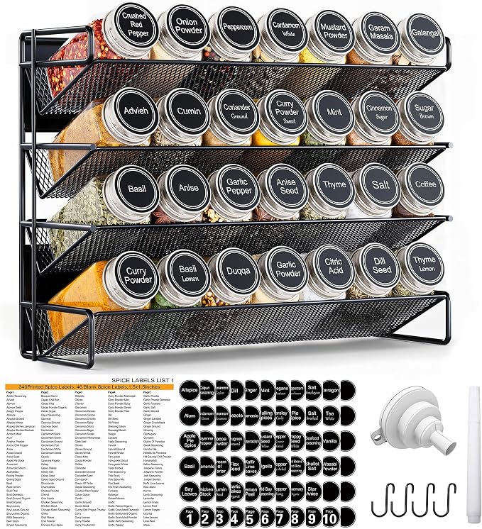 UVIAHOMI Magnetic Spice Rack Organizer for Refrigerator with 28 Spice Jars, 386 Spice Labels, 4 Hook, Chalk Marker and Funnel Set, Magnetic Shelf for Seasoning Organizer, 13.2'' W x 9.8 H, Black