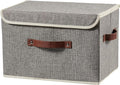 Storage Boxes with Lid Cotton Linen Fabric Storage Bins Organizer Container Decorative Collapsible Washable Shelf Baskets Faux Leather Handles for Home Bedroom Closet (Gray, Large Size)