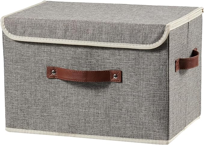 Storage Boxes with Lid Cotton Linen Fabric Storage Bins Organizer Container Decorative Collapsible Washable Shelf Baskets Faux Leather Handles for Home Bedroom Closet (Gray, Large Size)