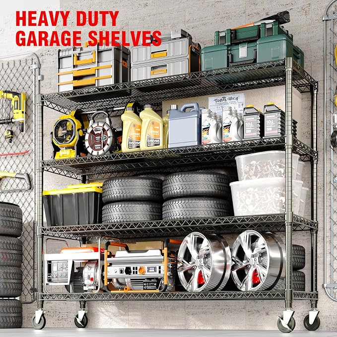 Garvee 4-Tier Metal Shelving with 4" Wheels, 2640LBS Storage Shelves | 71.8"Hx59"Wx17.7"D, Heavy Duty, Wire Shelving Units, Adjustable, Garage Storage Rack, for Kitchen Basement Pantry