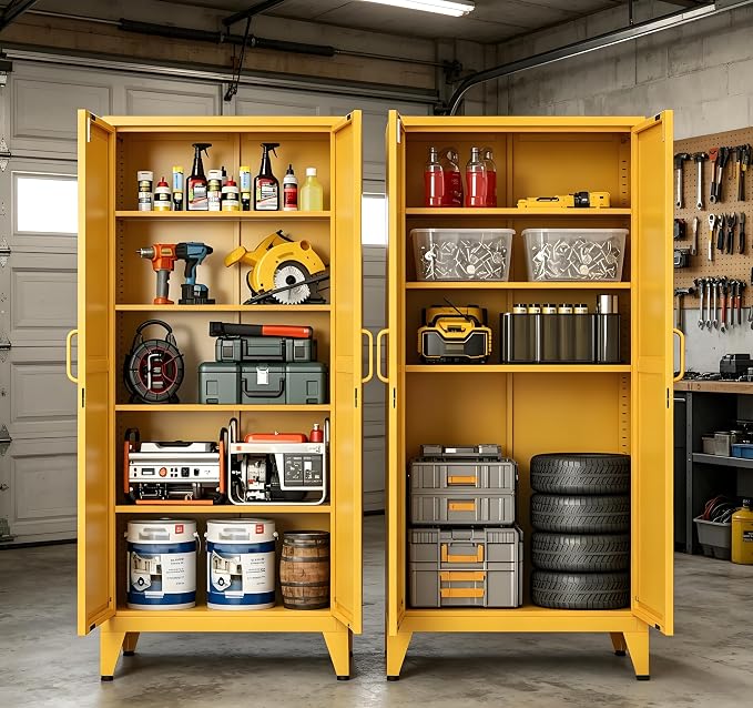 61'' Tall Metal Pantry Cabinet with Lock and 3 Adjustable Shelves,Freestanding Heavy Duty Steel Storage Locker, Yellow Metal Cabinets for Kitchen,Living Room,Laundry,Garage