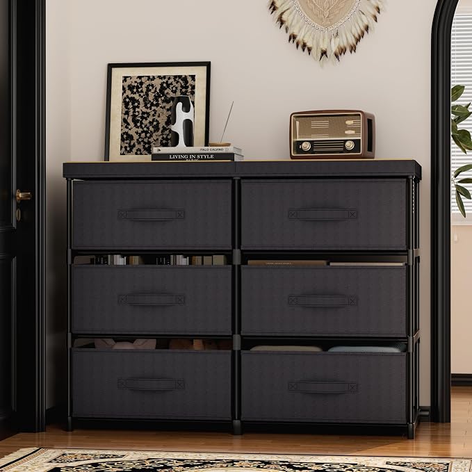 GcdPai Dresser with 6 Fabric Drawer Stand Desktop Sturdy Metal Plastic Support Tube Cube Storage Cabinet for Bedroom Organization Dorm Front Hall Entryway