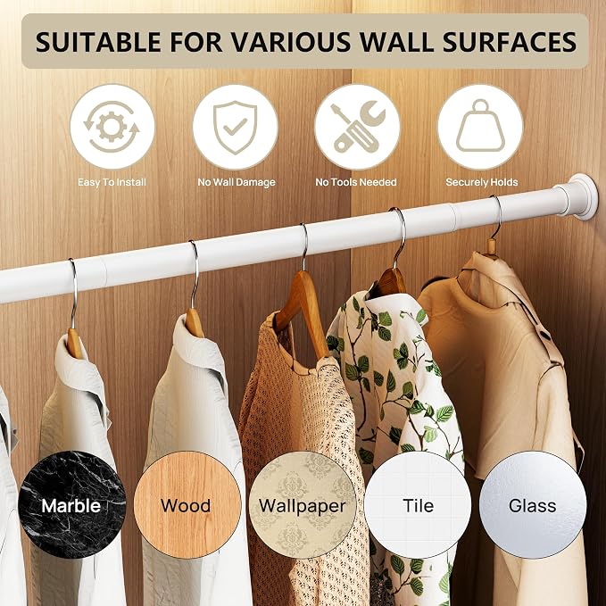 Tension Curtain Rod by EZFurni, 28 to 42 Inch, Adjustable Curtain Rods No Drilling, Heavy Duty Tension Rod, Anti-Slip Spring Loaded Curtain Rods for Window, Closet, Door, White