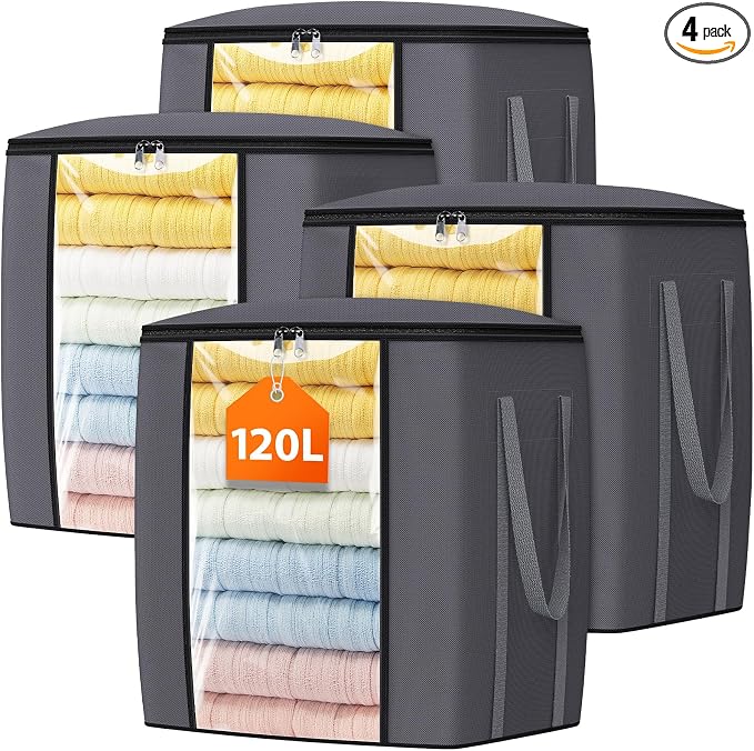 TasticTotes 120L Extra Large Blanket Clothes Storage Bags, Black, 4 Pack | Foldable Blanket Storage and Organization, Thick Fabric Containers with Reinforced Handles & Zippers for Comforters, Bedding