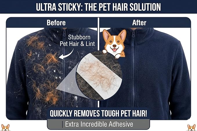 Extra Sticky Lint Roller, 4-Pack 400 Sheets, Pet Hair | Extra Sticky | Dog Hair | Straight-Cut Sheets | Navy Ergonomic Handles | Clothes | Furniture | Car Seats | 4 Complete Rollers