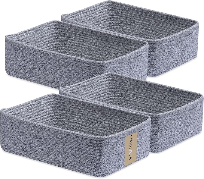 MiniArk Large Shallow Organizing Baskets 15x11x5.1 Inches - Rope Woven Storage Bins for Bathroom, Shelves, Cube Closet, Mixed Grey 4 Packs